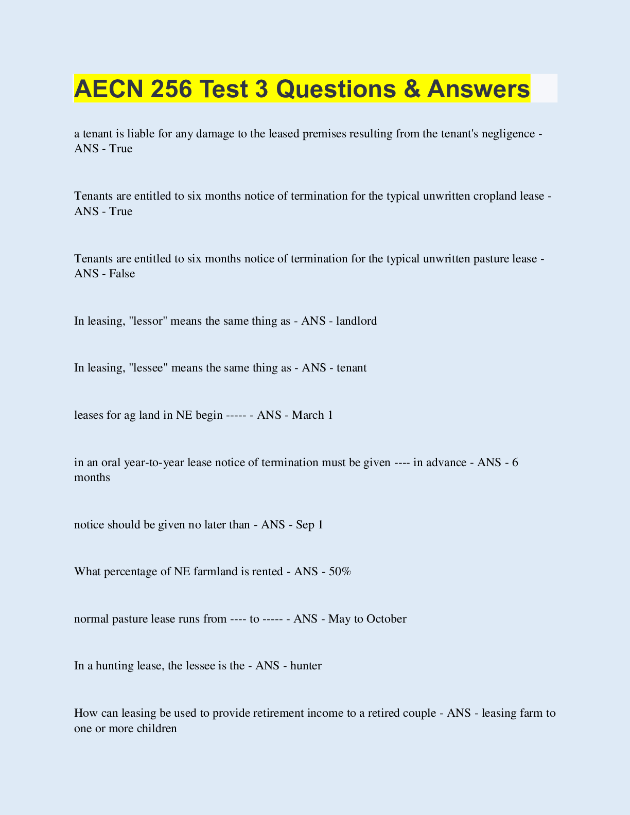 Preview image for AECN 256 Test 3 Questions & Answers | with 100% Correct Answers | Updated & Verified